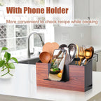 Utensil Holder Large Iron Flatware Container with 3 Compartments Countertop Wall-mounted Kitchen Utensil Storage (Black)