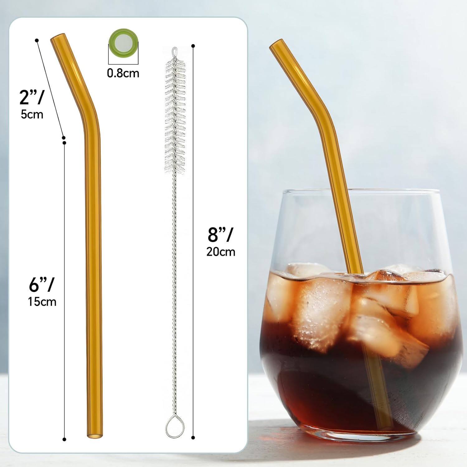 12 Pcs Reusable Glass Straws 8"x 8 mm Bent Glass Drinking Straws with Cleaning Brush for Tea, Smoothies, Milkshakes, Juices,Beverages(amber)