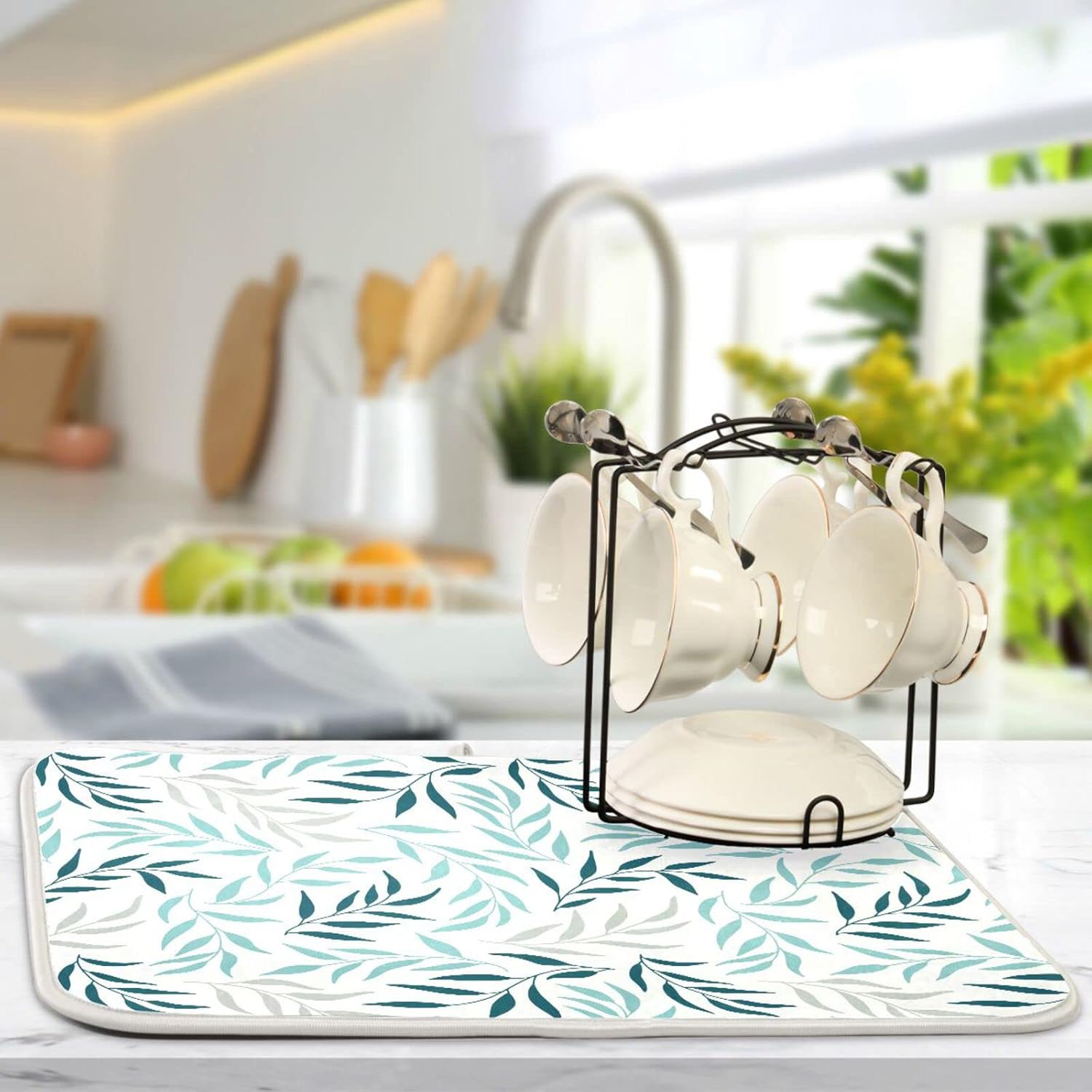 Blue Grey Olive Leaves Dish Drying Mat for Kitchen Counter Absorbent Microfiber Drying Pad, Medium 16x18 in, Reversible Drainer Mats
