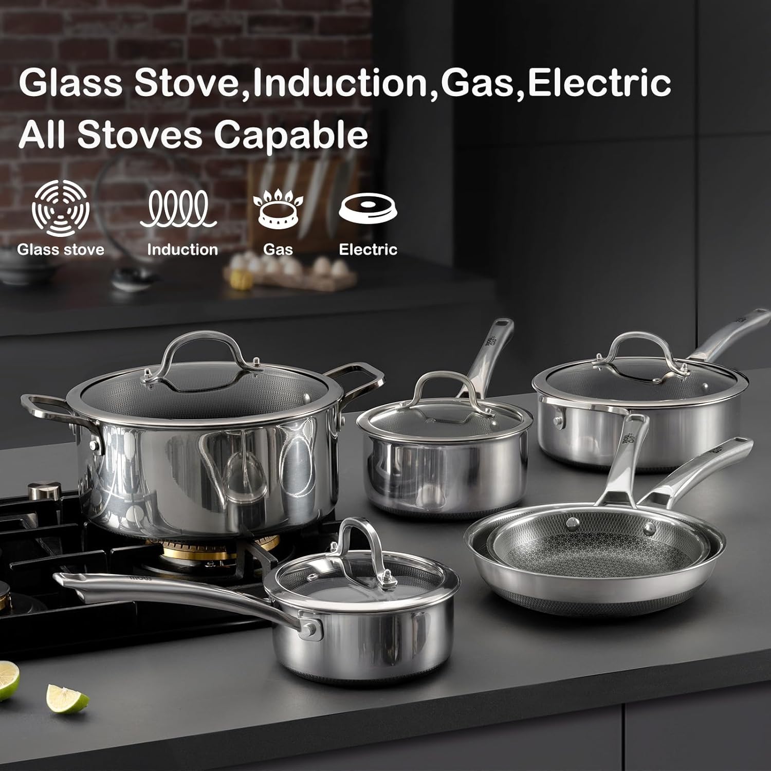 Sauce pan with lid,1.5 Quart Hybrid Nonstick Sauce pans set, Stainless Steel cookware,non stick Pots PFOA Free,Works on Induction,Ceramic and Gas Cooktops