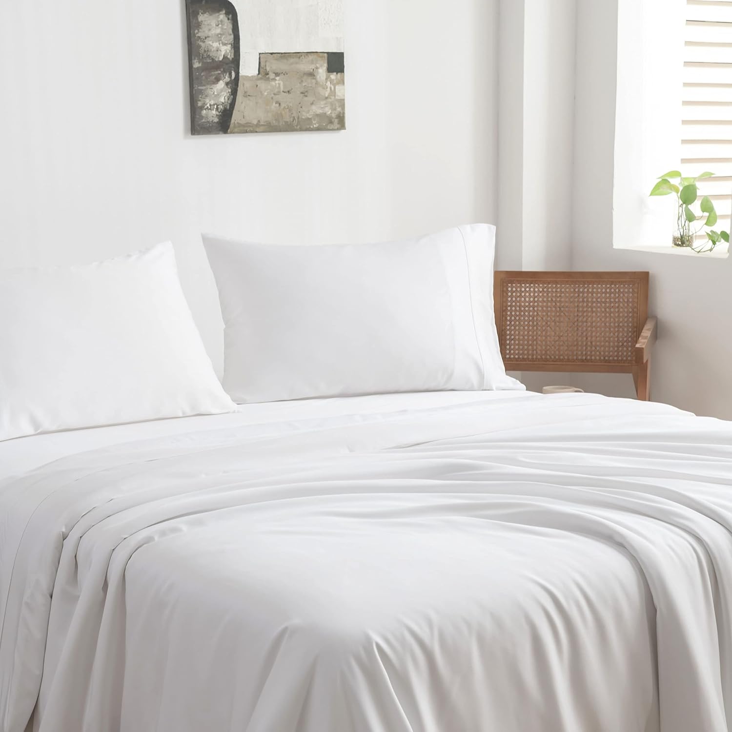 100% Viscose from Bamboo Sheets Full Size, Super Soft Bedding Set, 4PC Cooling Sheets for Hot Sleepers, Vegan Silk Moisture Wicking, Organically Grown Bedsheet, White - 54" x 75"