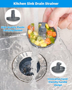 Hibbent 3 in 1 Kitchen Sink Drain Strainer and Stopper Combo, Chrome Stainless Steel Wraped Shell, 3 Anti-Clogging Basket Strainer with Foldable Handle for US Standard 3-1/2" Drain
