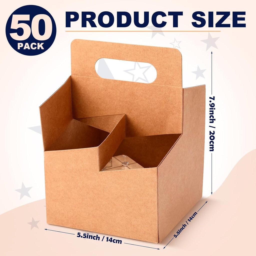 Jetec 4 Cup Drink Carrier with Handle, Kraft Paperboard Beer Carrier, Disposable Drink Holder for Hot or Cold Drinks, 12-16 oz Bottle Holder for Soda and Other Bottled Products(50 Pcs,Brown)