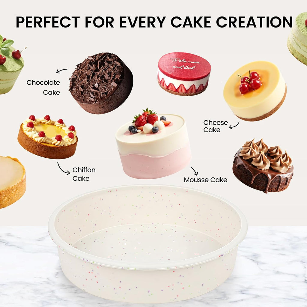 Vinino 8 Inch Silicone Round Cake Pan with Metal Reinforced Frame Set of 2, Nonstick Silicone Springform Pan for Baking Suitable for Making Layers, Cheese & Chocolate Cakes
