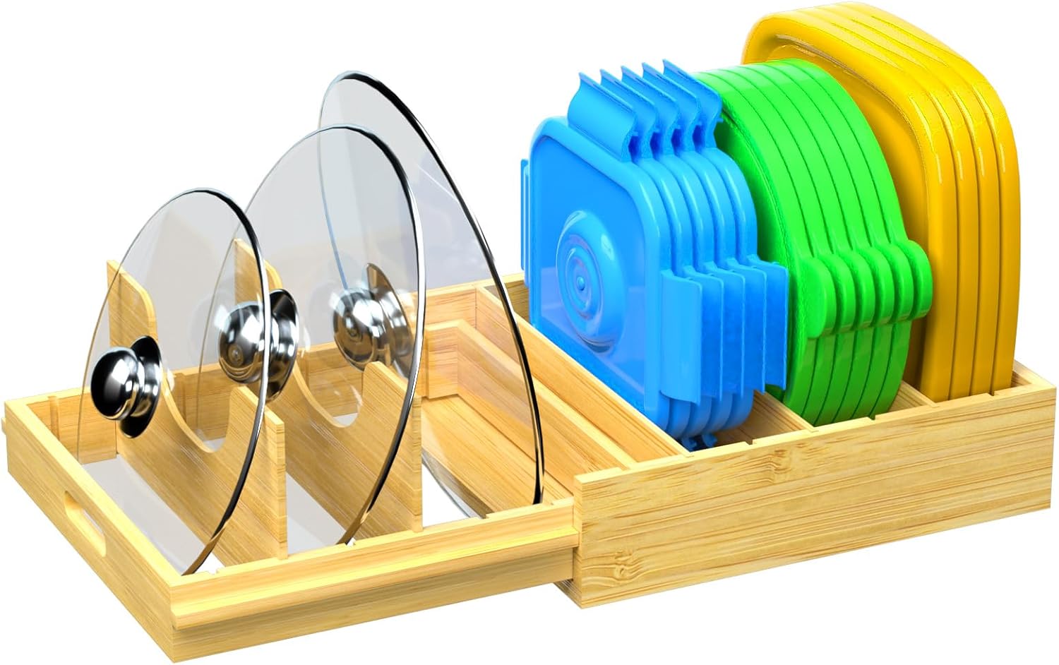 Pots and Pans Organizer, Bamboo Expandable Cutting Board Organizers, Adjustable Pot Lids Organizer for Cabinet with 5 Adjustable Dividers for Pots, Pans, Baking Sheets, Cutting Boards, Nature
