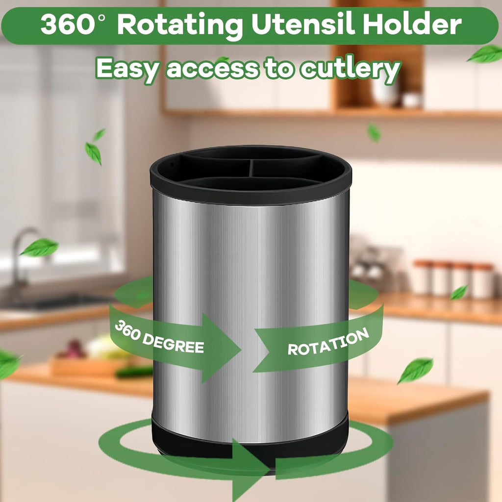 Kitchen Utensil Holder for Countertop, 360°Rotating Cooking Utensil Crocks，4 Compartment Stainless Steel Utensil Holder,6.7”Large Utensil Crock Spoon Fork Knife Holder For Kitchen Counter