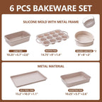 Vinino 6-Piece Baking Pans Set Nonstick, Bakeware Set includes Silicone Muffin, Loaf, Cake Pans with Metal Reinforced Frame. And includes Carbon Steel Roasting Pan, Cookie Sheet for Oven