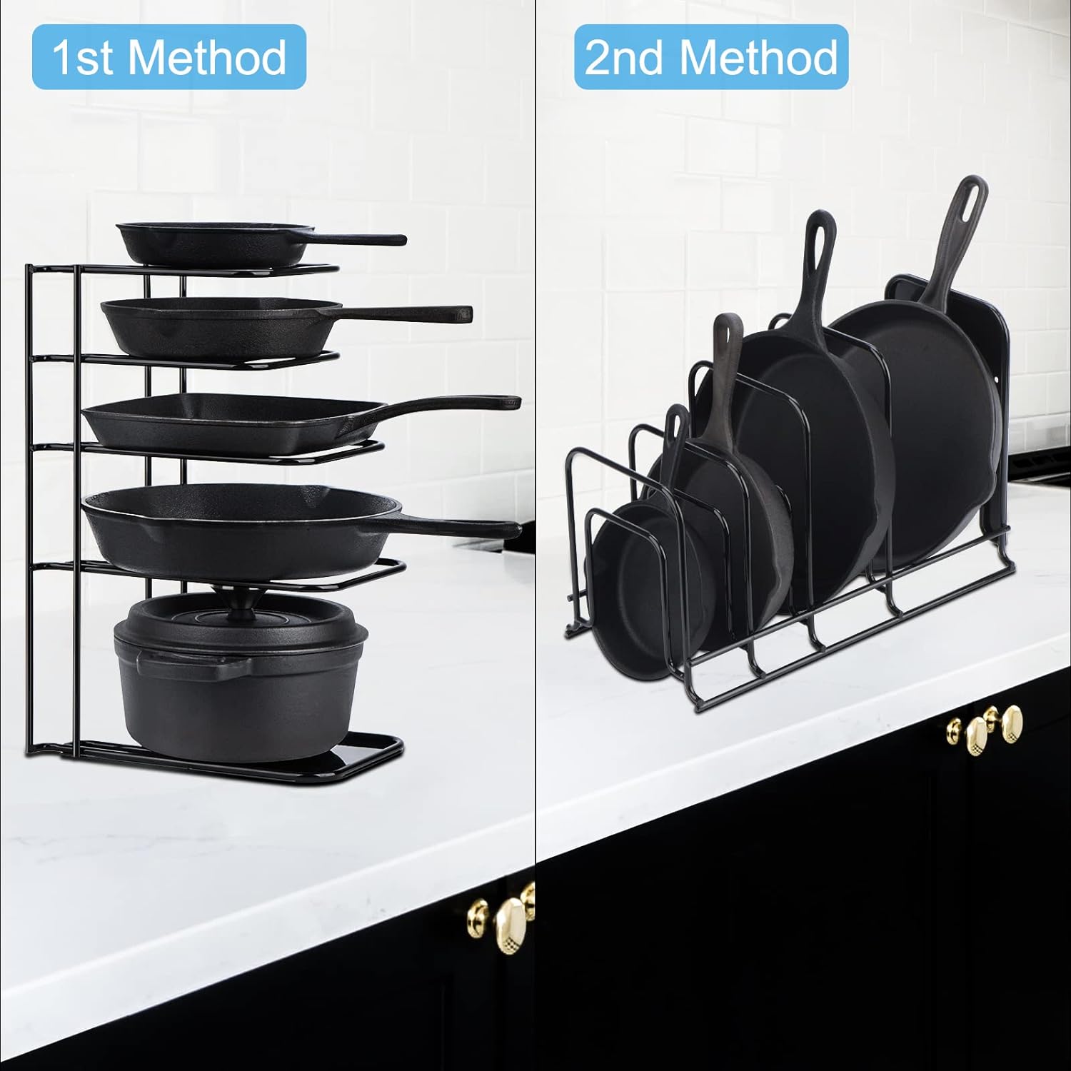 Toplife Heavy Duty Pan Organizer, 5 Tier Pot and Pan Organizer Rack for Cast Iron Skillets, Griddles and Pots - Sturdy Steel Construction- No Assembly Required - Black