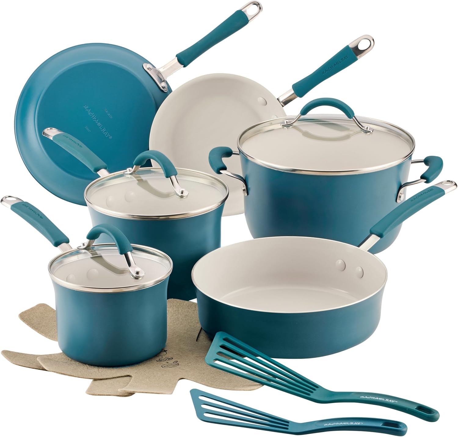 Rachael Ray Cucina Ceramic Cookware Set - 13 Pieces - Ceramic Pots and Pans Set w/Nonstick Frying Pans, Saute Pan, Saucepans, Stockpot, Lids, Pan Protectors & Cooking Utensils - Marine Blue