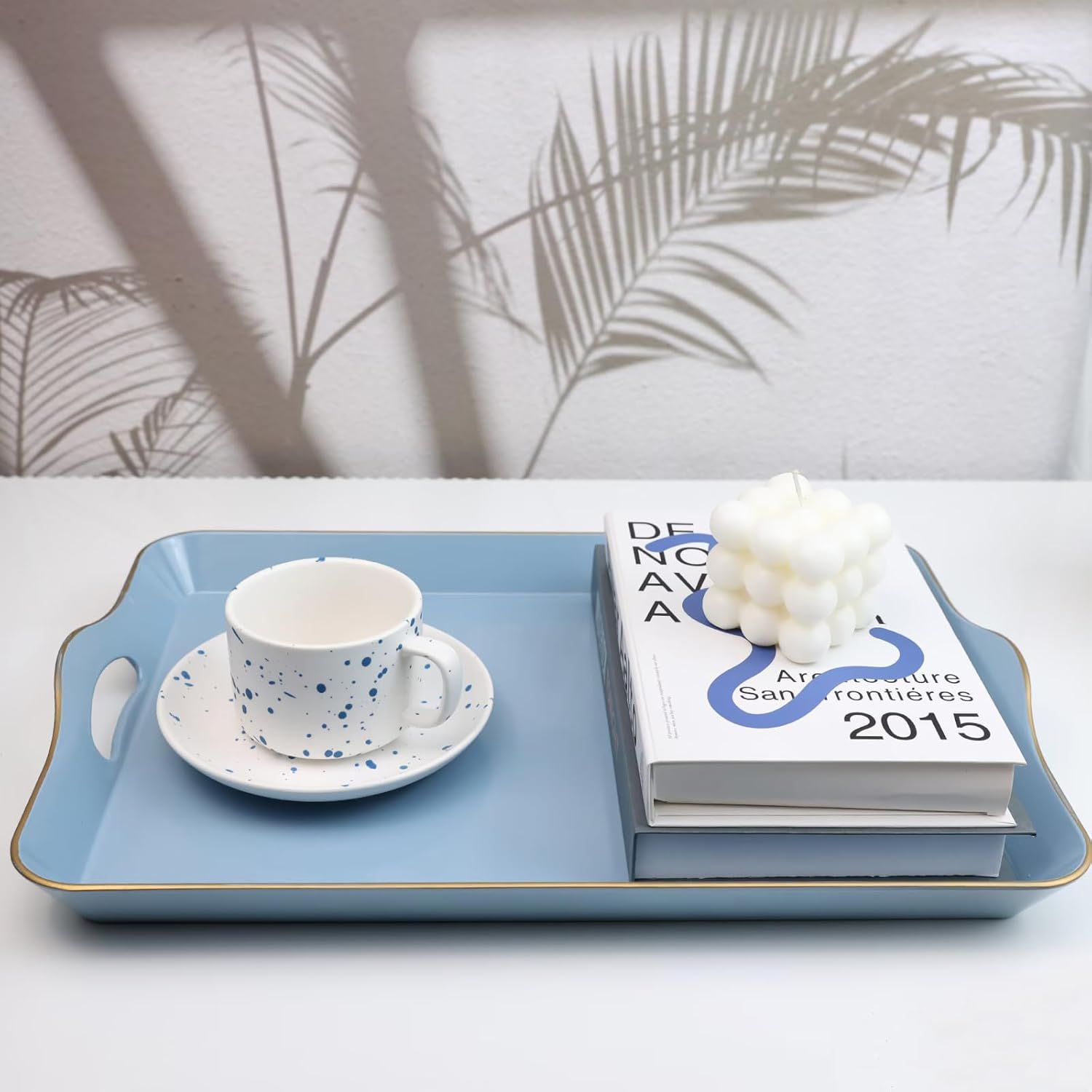 Spsyrine Light Blue Decorative Tray, Elegant Plastic Serving Tray with Handles, Coffee Table Tray for Ottoman, Living Room, Home Decor