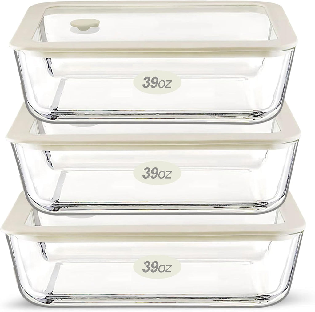Urban Green Glass Food Container Set with Glass Lid, 3 Pack, Food Storage Containers Set, Airtight, LeakProof, 100% Plastic Free, Meal Prep Containers (White Color)