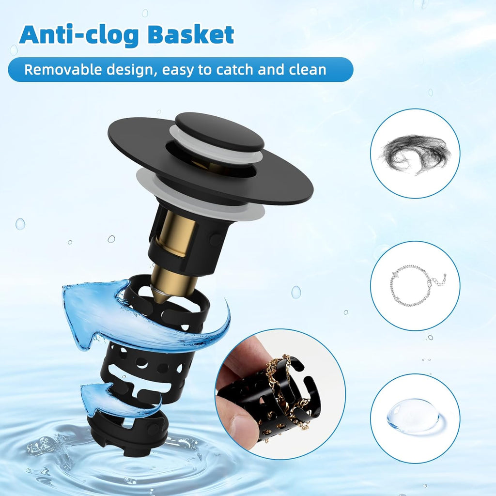 Universal Bathroom Sink Stopper Hair Catcher Upgraded with 2-Layer Detachable Filter Basket, 4 in 1 Pop Up Drain Strainer, Anti-Clog, Odor-Block, Universal Fit for 1.1''~2.36'' Sinks, Matteblack