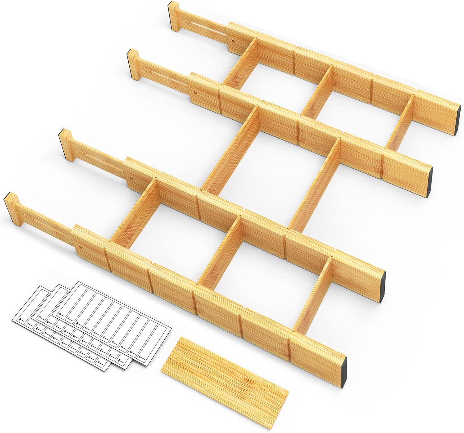 SpaceAid Bamboo Drawer Dividers with Inserts and Labels, Kitchen Adjustable Drawer Organizers, Expandable Organization for Home, Office, Dressers, 4 Dividers with 9 Inserts (17"-22" Natural)