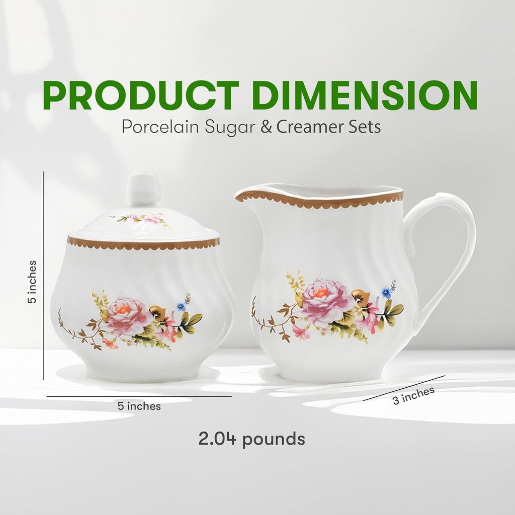 Sugar and Creamer Set - Porcelain Sugar and Creamer Floral Vintage Tea Set with Elegant Embossed Swirls - Exquisite Fine China Tea Set for Parties & Celebrations - Timeless Rose Set by Lynns