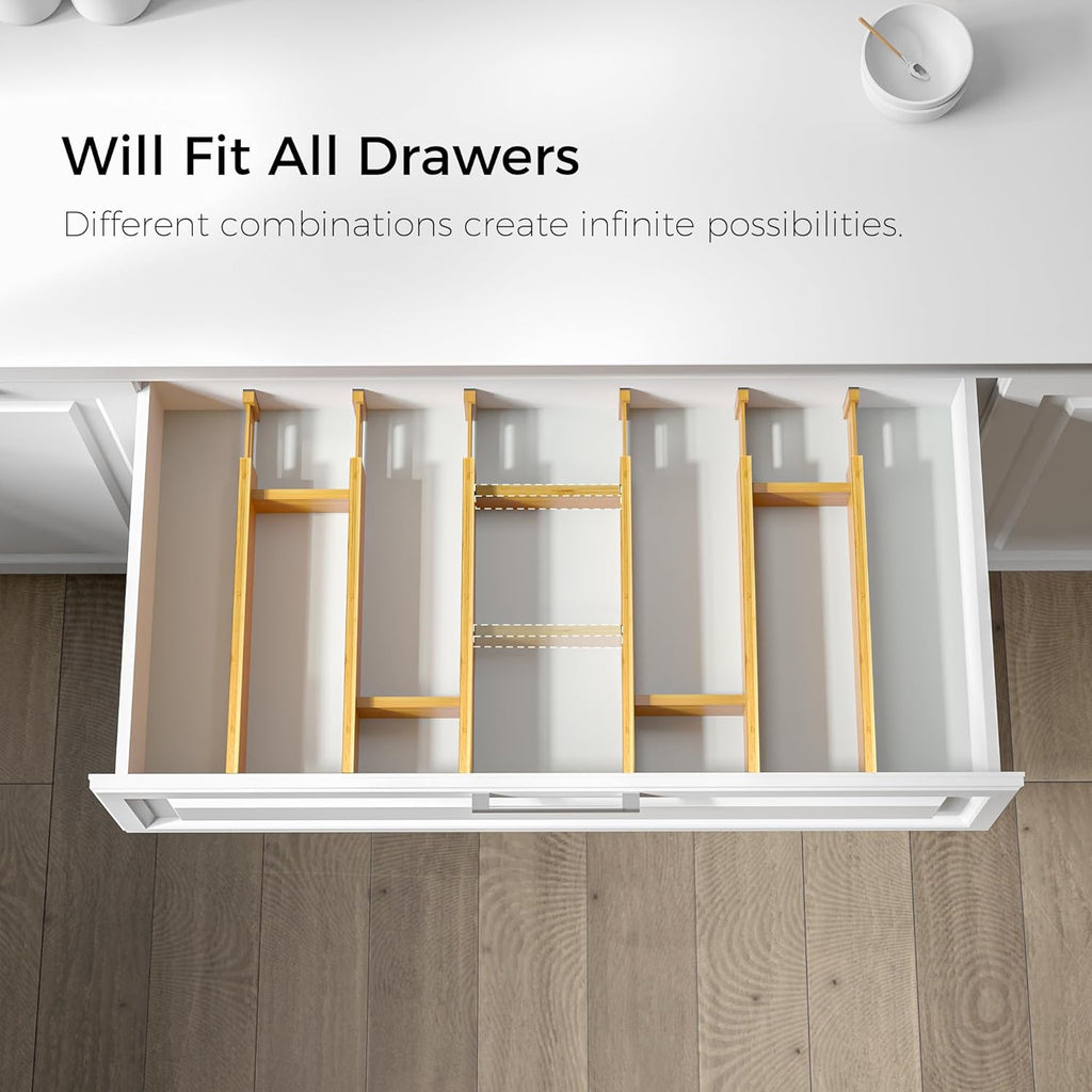 Adjustable Bamboo Drawer Dividers with Inserts, Expandable Spring-Loaded Drawer Organizer for Kitchen, Clothes, Tools, Silverware, Bamboo Organizer Separators - 6 Large Pieces
