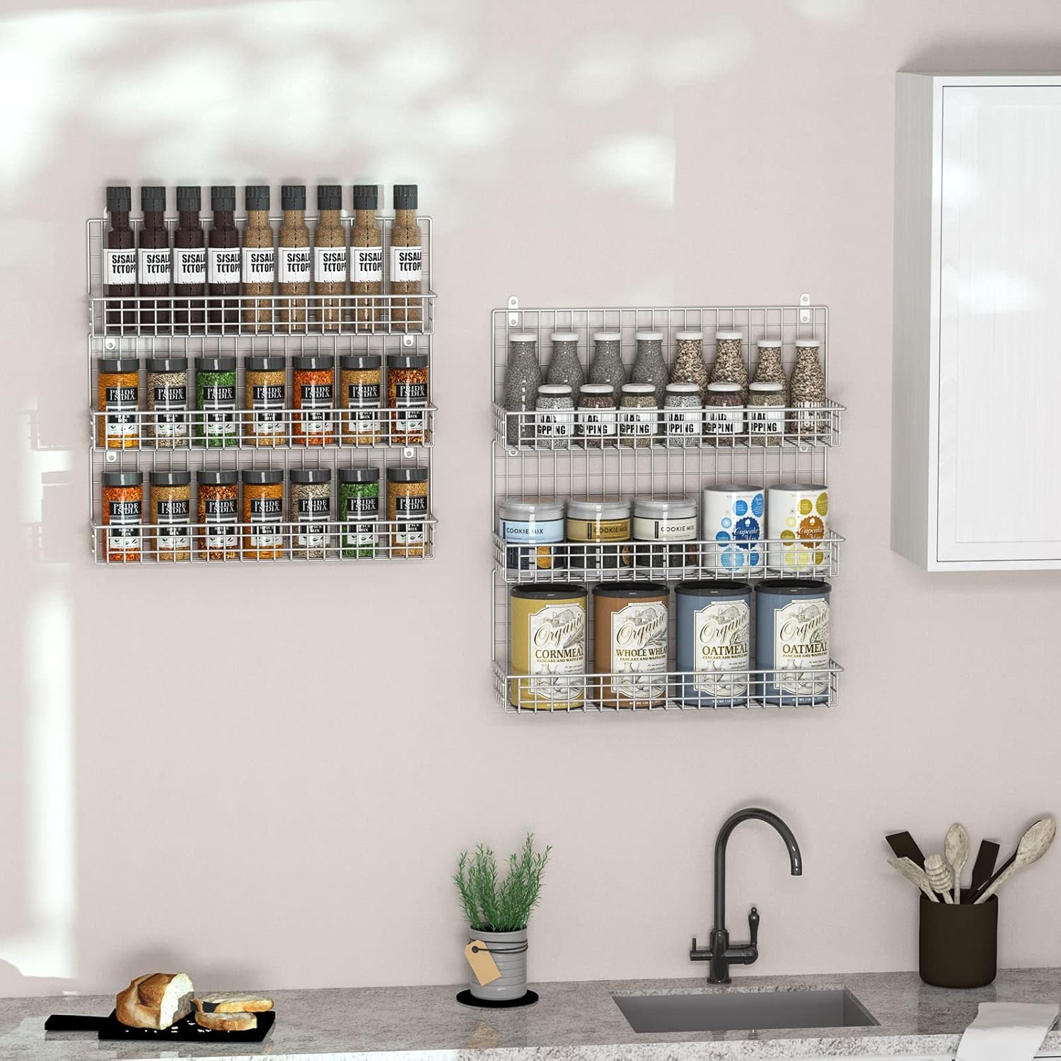 JKsmart Spice Rack Organizer 6-Tier Wall Mounted & Over the Door Spice Racks for Kitchen Pantry Bathroom,Two Size, Large Capacity, Silver