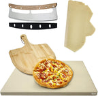 Rectangular Pizza Stone 4 Sets,12"x15"x0.59"(OAK) Pizza Stone for Oven and Grill with Bamboo Pizza Peel, Pizza Cutter and 10pcs Cooking Paper,Grill Stone Baking Stone for Bread,BBQ,Grill