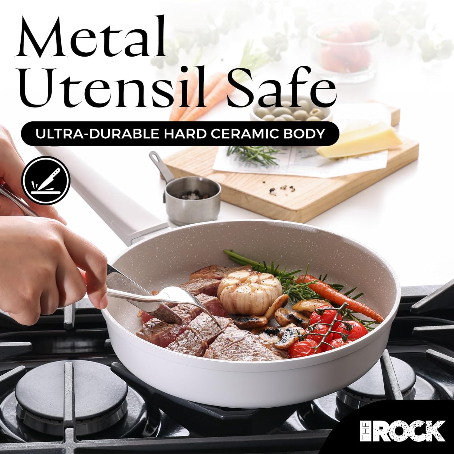 THE ROCK SOHO 11-Inch Non Stick Frying Pan with Lid–Nothing Sticks, Never Warps, Lasts Longer, Ceramic Non Toxic Skillet with Heat-Resistant Handle, PTFE PFOA&PFAS Free, Oven & Dishwasher Safe, Cream