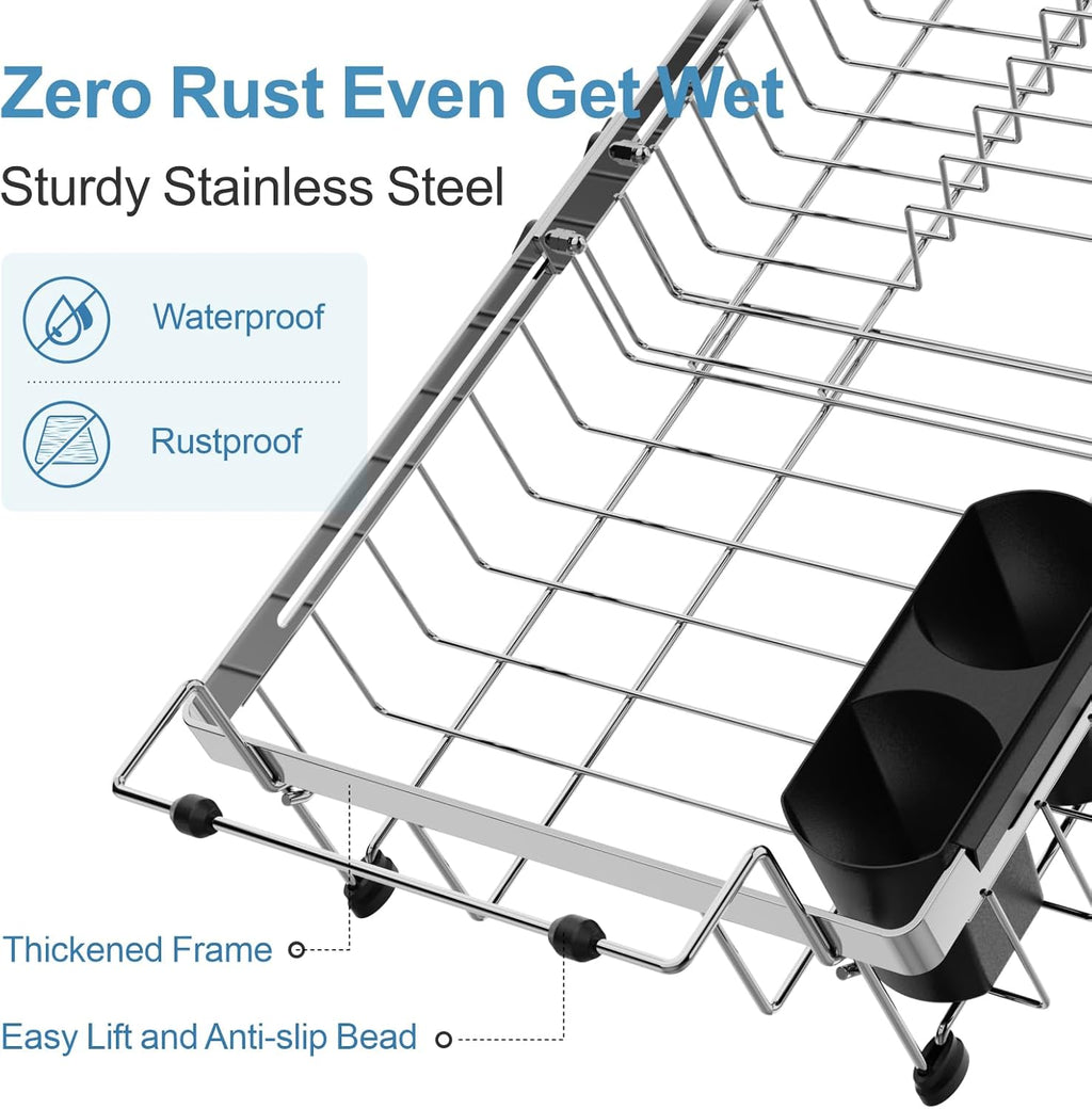 GSlife Stainless Steel Dish Drying Rack - Capacity Expandable in Sink Dish Drainer with Silicone Mat, Over Sink Dish Rack with Utensil Holder for Kitchen Counter, 10.8"-17.9" L x 12.8" W, Silver