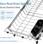 GSlife Stainless Steel Dish Drying Rack - Capacity Expandable in Sink Dish Drainer with Silicone Mat, Over Sink Dish Rack with Utensil Holder for Kitchen Counter, 10.8"-17.9" L x 12.8" W, Silver