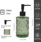 12Oz Small Glass Soap Dispenser with Black Plastic Pump, Green Refillable Kitchen Countertop Liquid Hand Soap Dispensers with Diamond Design, Crystal Bathroom Lotion Bottle for Dispense Dish Soap
