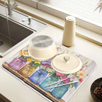 Spring Floral Jars Rustic Dish Drying Mat for Kitchen Counter Absorbent Microfiber Small Drying Pad Flowers Dish Mats for Kitchen Countertops 16 x 18 Inch