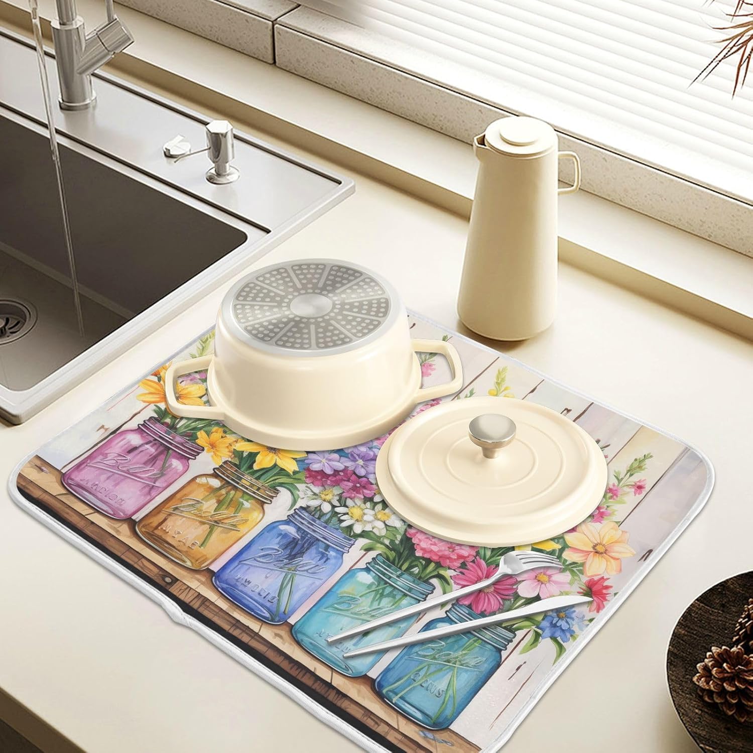 Spring Floral Jars Rustic Dish Drying Mat for Kitchen Counter Absorbent Microfiber Small Drying Pad Flowers Dish Mats for Kitchen Countertops 16 x 18 Inch