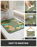 AMOAMI Coffee Mat Hide Stain Rubber Backed Absorbent Dish Drying Mat for Kitchen Counter - Fits Under Coffee Maker - Floral GREEN 12X19