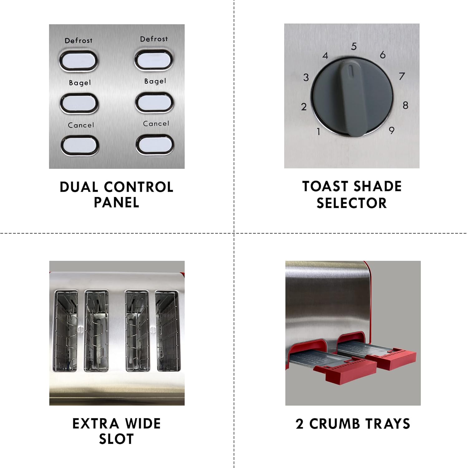 Kenmore Toaster 4 Slice - Extra Wide Slot Countertop Kitchen Appliance, Defrost Function, Grille-Pain, 9 Shade Settings, Compact Design, Easy Clean Crumb Tray, Bread Bagel, Stainless Steel & Red