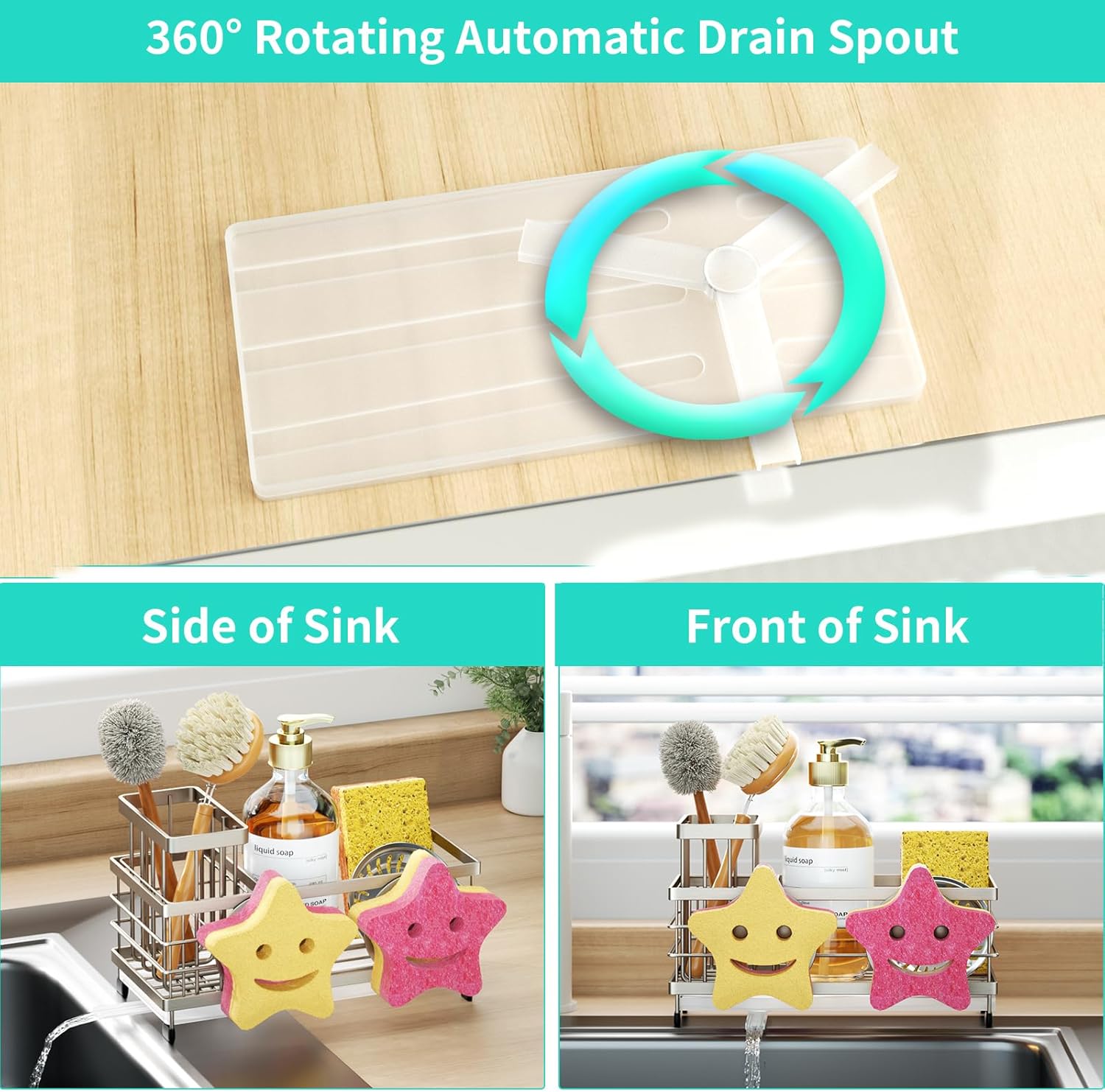 HapiRm Sink Caddy Sponge Holder - Self-draining Kitchen Sink Organizer with Smiley Face and Brush Holder, Stainless Steel Kitchen Sponge Caddy for Countertop - Brushed Nickel