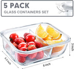 VERONES 5 Pack Glass Meal Prep Containers 2 Compartment Set, 36OZ Airtight Lunch Containers, Glass Food Storage Containers with Lids, for Microwave, Oven, Freezer & Dishwasher Friendly,White