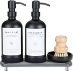 [Luxury] Kitchen Soap Dispenser Set - 16OZ Black Glass Bottle, Stainless Steel Pump, Instant Dry Tray, Waterproof Labels, Non-Slip Silicone Pad, and Dish Brush | Upgrade for Your Kitchen and Bathroom