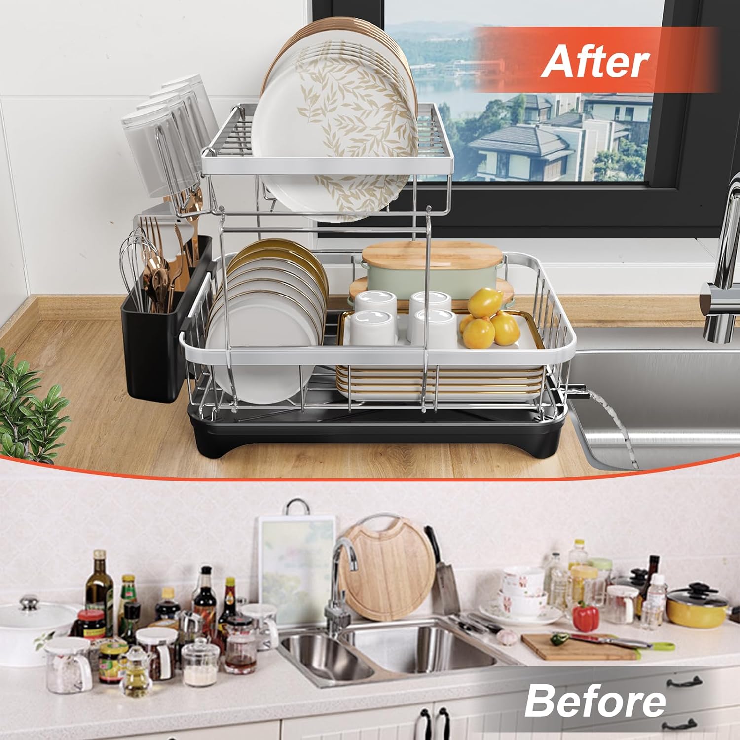 2-Tier Dish Drying Rack for Kitchen Counter, 304 Stainless Steel with Adjustable Drainboard, Removable Utensil Holder & Water Filter Tray, Black