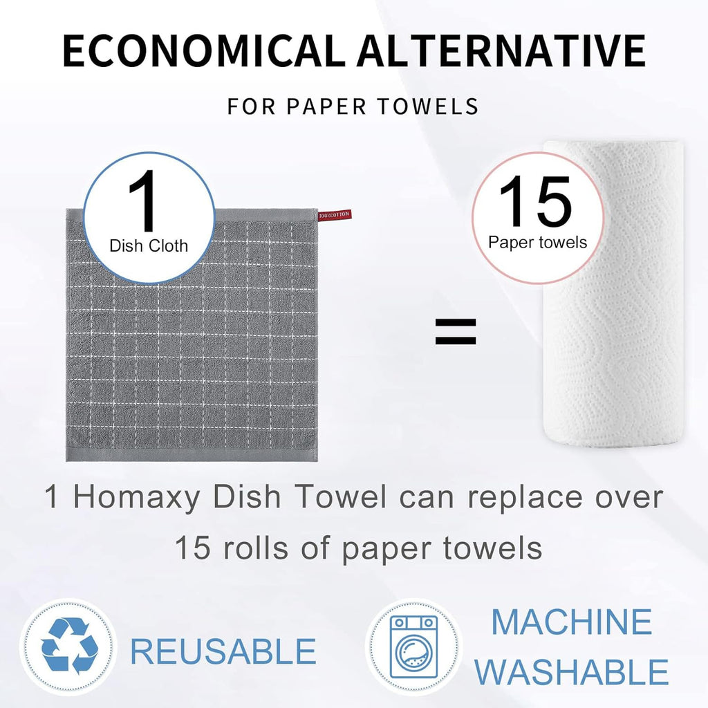 Homaxy 100% Cotton Terry Kitchen Dish Cloths, Ultra Soft and Absorbent Dish Towels for Kitchen, Suitable for Drying and Washing Dishes, 8 Pack, 12 x 12 Inches, Grey