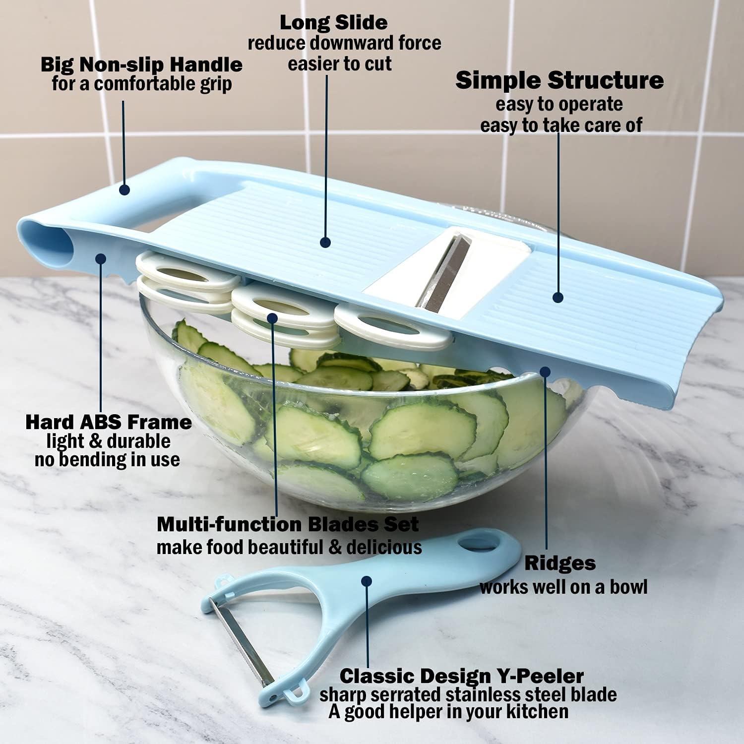 5 in 1 Mandoline Slicer for Kitchen, Vegetable Slicer Multi Blade Potato Chip, Veggie shredder, Vegetable Cutter, Julienne Shredder and peeler For Small Job In Kitchen Blue