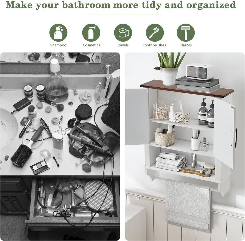 JOMEED Bathroom Wall Cabinet, Farmhouse Medicine Cabinet Storage with Doors and Adjustable Shelf, Over The Toilet Storage, White