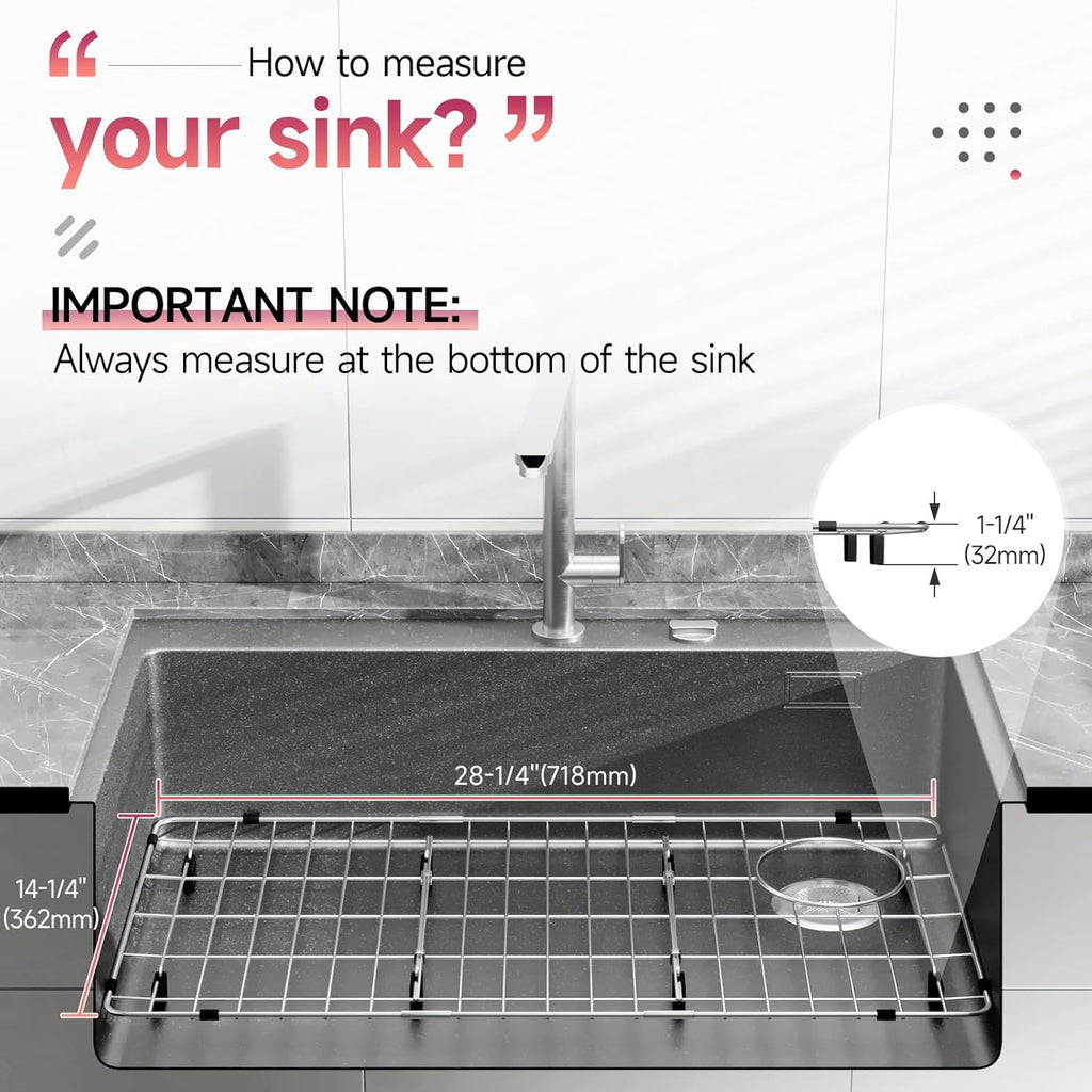 28-1/4" x 14-1/4" x 1-1/4" Stainless Steel Sink Rack for Bottom of Sink, Metal Sink Protectors For Kitchen Sink, Sink Grid, Sink Bottom Grid with Side Drain, Kitchen Sink Grid with Sink Strainer