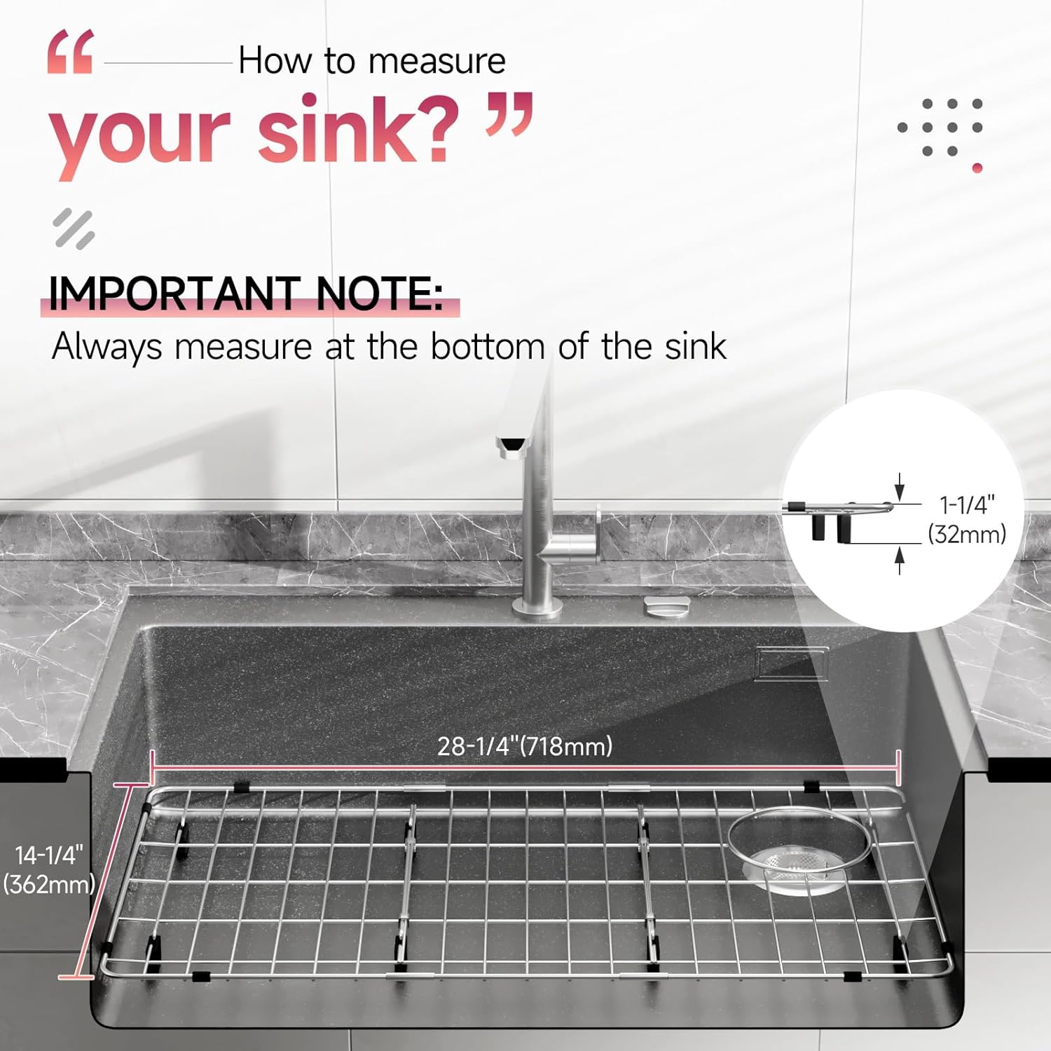 28-1/4" x 14-1/4" x 1-1/4" Stainless Steel Sink Rack for Bottom of Sink, Metal Sink Protectors For Kitchen Sink, Sink Grid, Sink Bottom Grid with Side Drain, Kitchen Sink Grid with Sink Strainer
