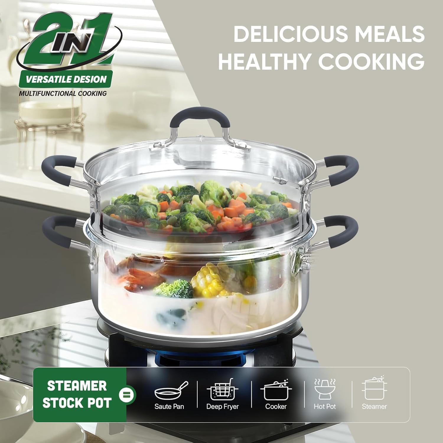 Sunhouse - 3.1 Quarts Steamer Pots With Lid 2-Tier Multipurpose Stainless Steel Steaming Pot Cookware For Vegetable, Dumpling, Sauce, Food - Triple Bottom, Measurement Line