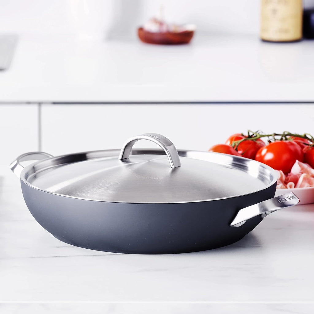 GreenPan Paris Pro Hard Anodized Healthy Ceramic Nonstick, 11" Everyday Frying Pan Skillet with 2 Handles and Stainless Steel Lid, PFAS-Free, Dishwasher Safe, Grey