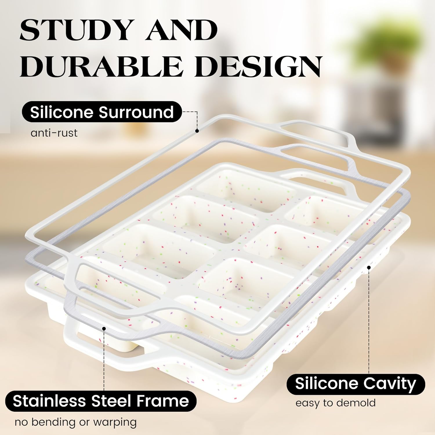 3 Pcs Silicone Baking Pan Set - Including Mini Loaf Pan, Standard Muffin Pan and Mini Muffin Pan - Silicone Cupcake Molds With Metal Reinforced Frame (Cream)