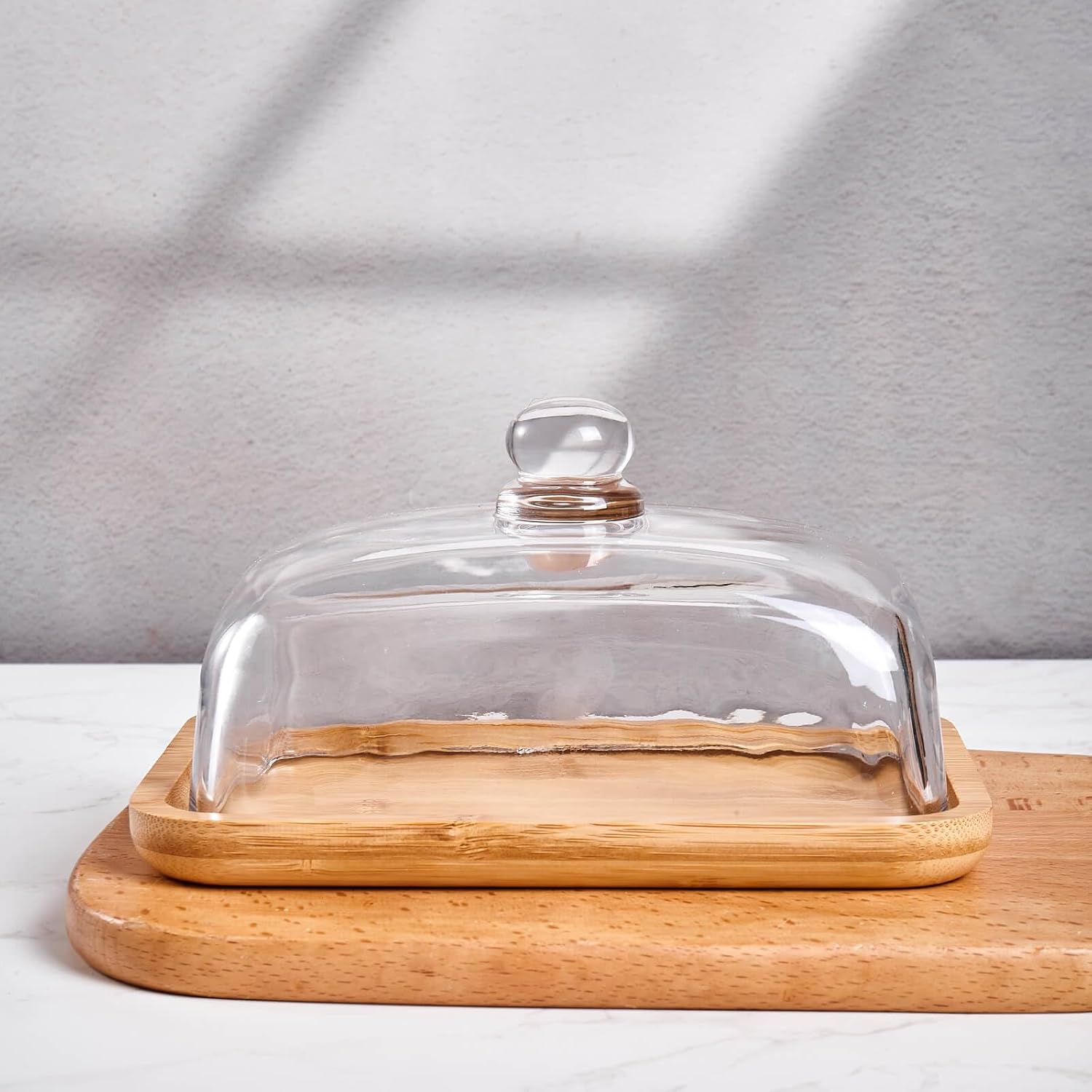 butter dish with lid, glass airtight lid keeps butter soft, for countertop and refrigerator. Widened design to fit all butters. Covered butter dishes with, Made of glass and bamboo.