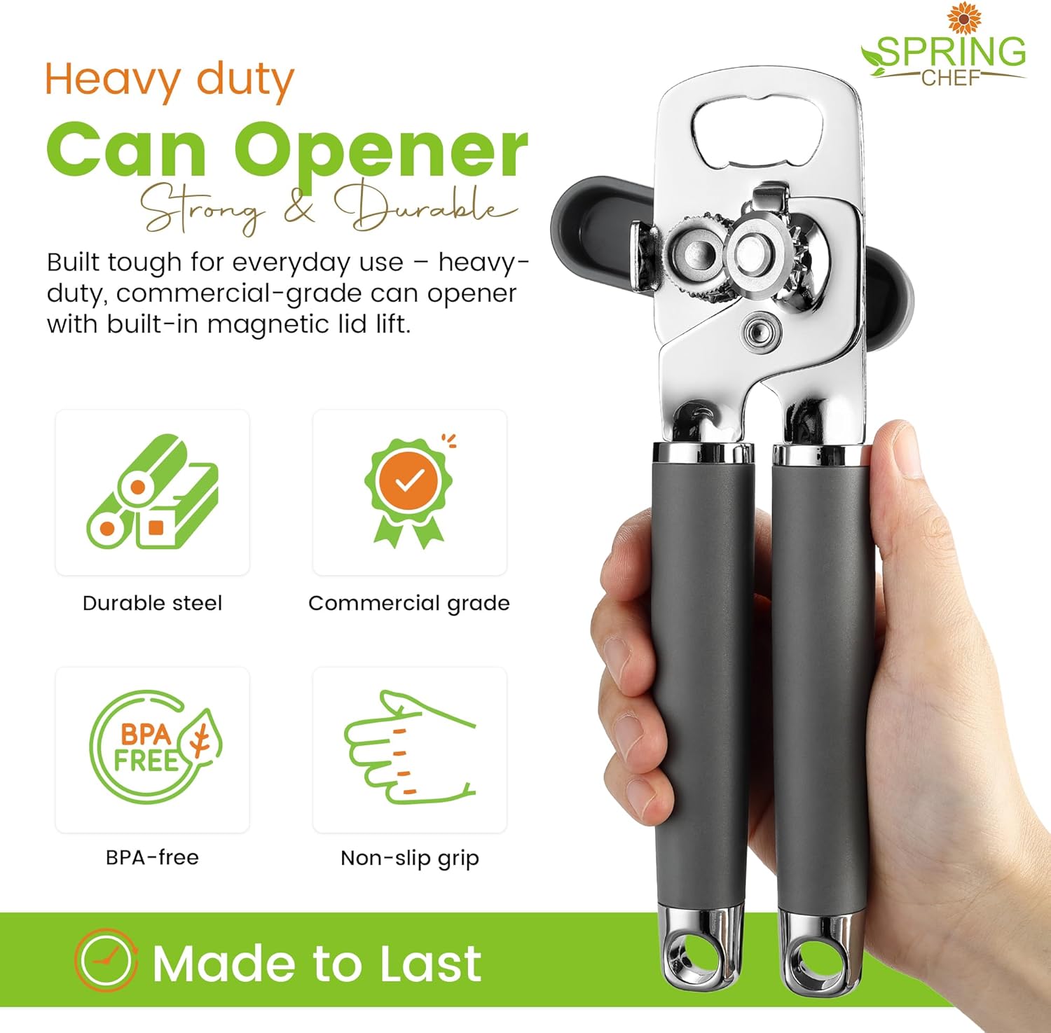 Spring Chef Stainless Steel Can Opener - Manual with Soft Grip Handles, Easy Turn, Heavy Duty Hand Can Openers for Seniors with Smooth Edge - Magnetic Lid Remover - Gray