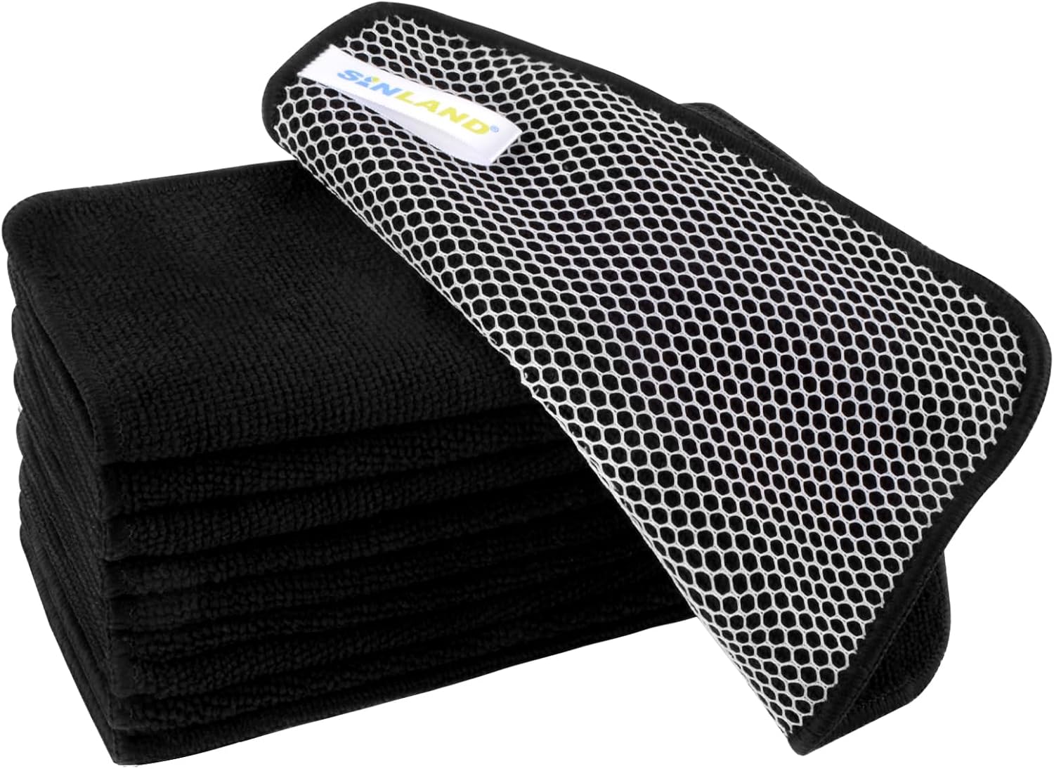 SINLAND Microfiber Dish Cloth for Washing Dishes Dish Washing Rags Best Kitchen Washcloth Cleaning Cloths Wash Cloths with Poly Scour Side 7.87Inchx7.87Inch 10 Pack Black