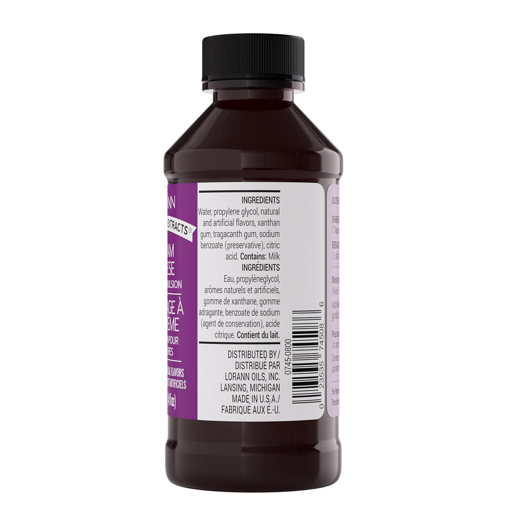 LorAnn Oils Cream Cheese Bakery Emulsion: True Essence, Ideal for Boosting Fruit Tones in Cakes, Cookies & Desserts, Gluten-Free, Keto-Friendly, Extract Substitute Essential for Your Kitchen, 4 Oz