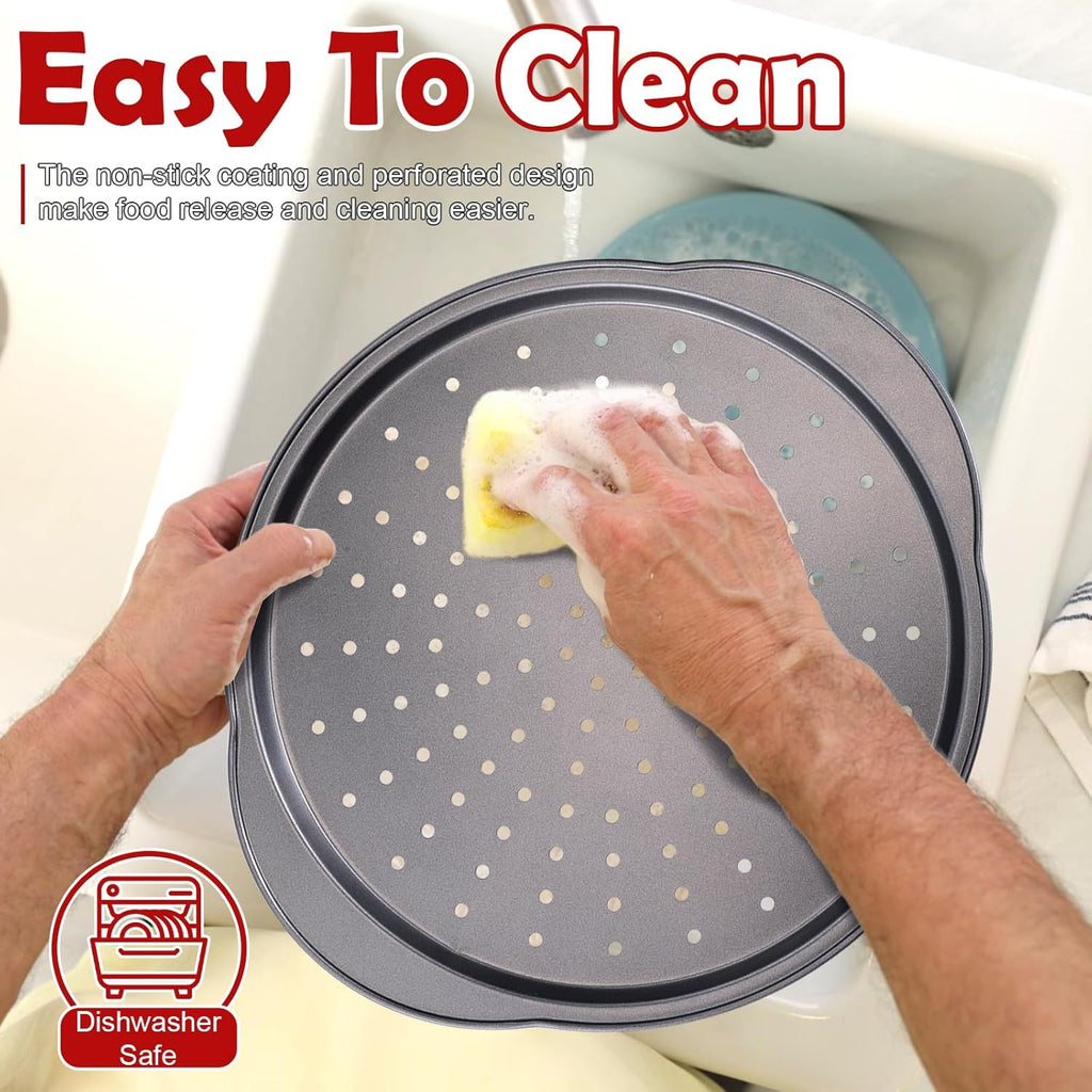 Unokit Pizza Pan for Oven - 13" 2PCS Round Carbon Steel Pizza Pan, Non-Stick Pizza Tray with Perforated Holes and Grip Handles, Dishwasher Safe, Grey