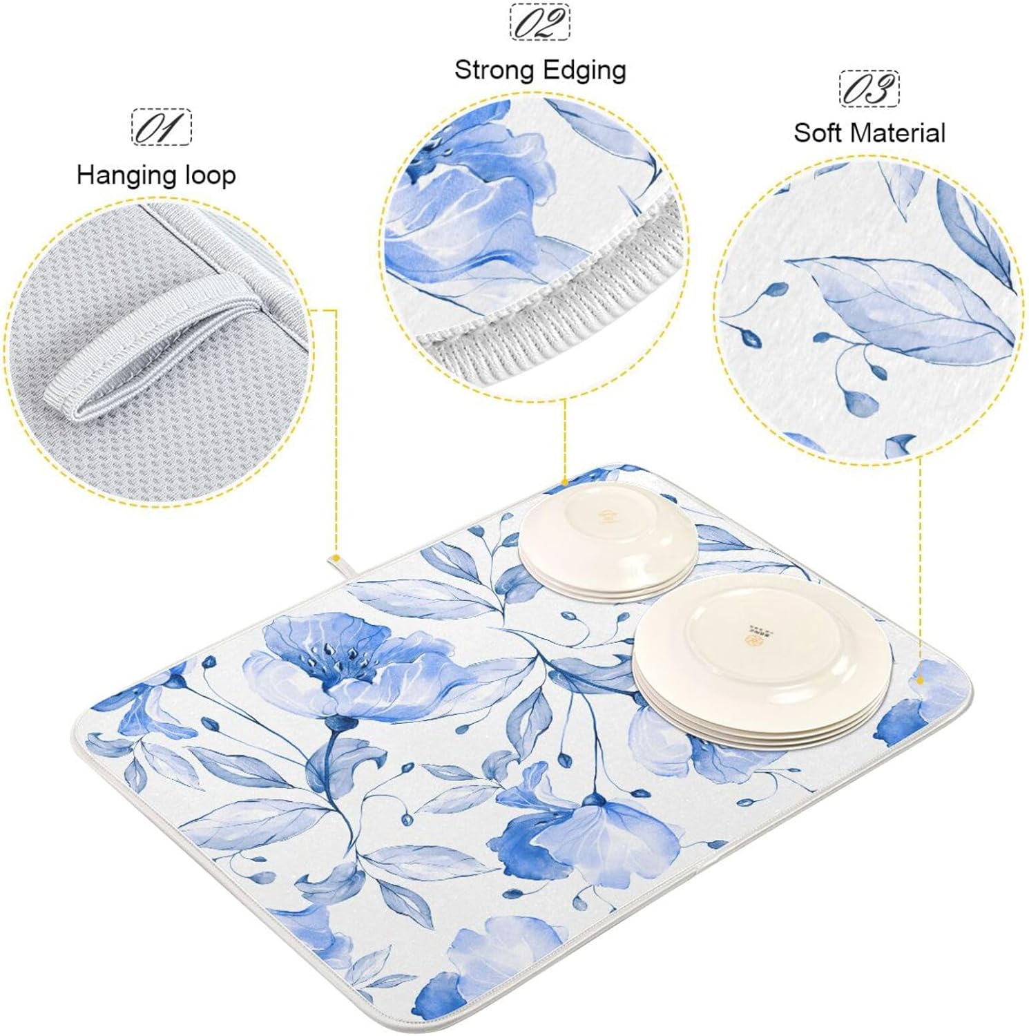 Spring Blue Flowers Leaves Dish Drying Mat for Kitchen Counter Absorbent Microfiber Drying Pad, Medium 16x18 in, Reversible Drainer Mats