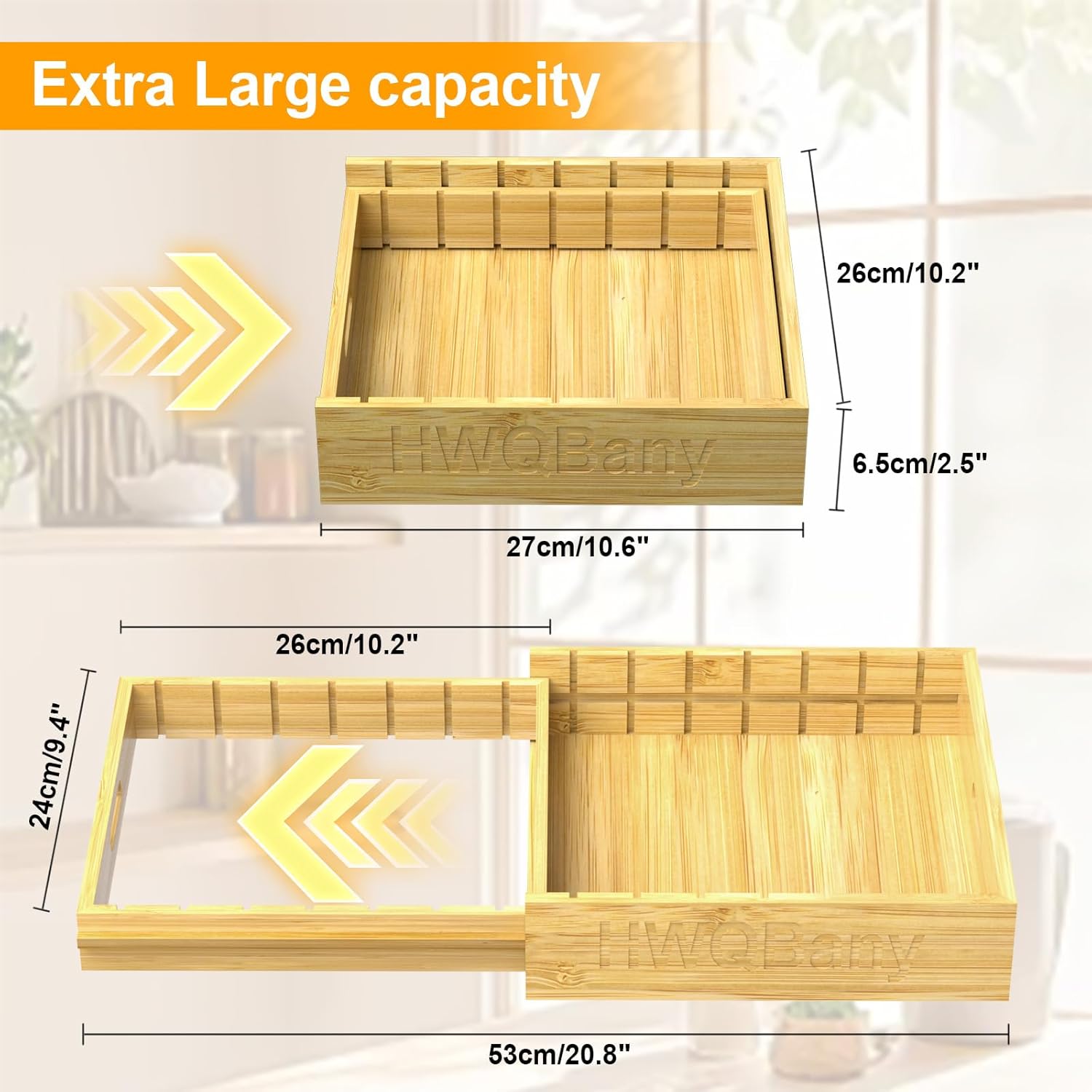 Pots and Pans Organizer, Bamboo Expandable Cutting Board Organizers, Adjustable Pot Lids Organizer for Cabinet with 5 Adjustable Dividers for Pots, Pans, Baking Sheets, Cutting Boards, Nature