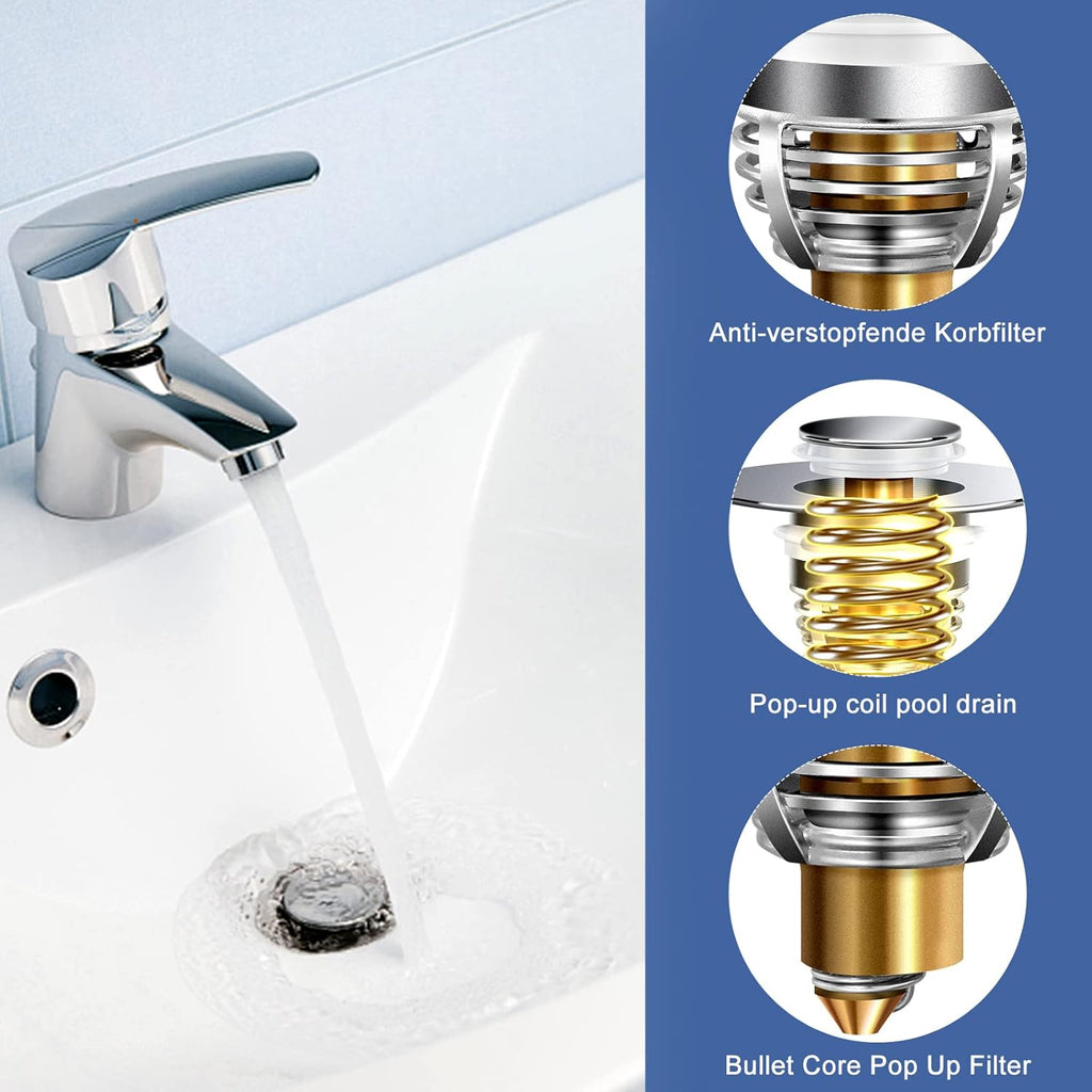 AURUZA 2 Pack Universal Bathroom Sink Stopper, Strainer for 1.1-1.5 Inch Bullet Core Push Type Basin Pop Up Drain Filter,Bathtub Converter with Anti Clogging Basket Hair Catcher