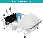 iPEGTOP Expandable Multifunctional Dish Drying Rack, Over The Sink, in Sink Or On Counter Dish Drainer Basket Shelf with Black Utensil Silverware Holder, Rustproof Stainless Organizer